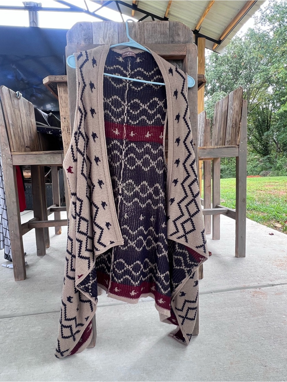 Do everything in love Beige, Navy & Burgundy Patterned Open-Front Cardigan